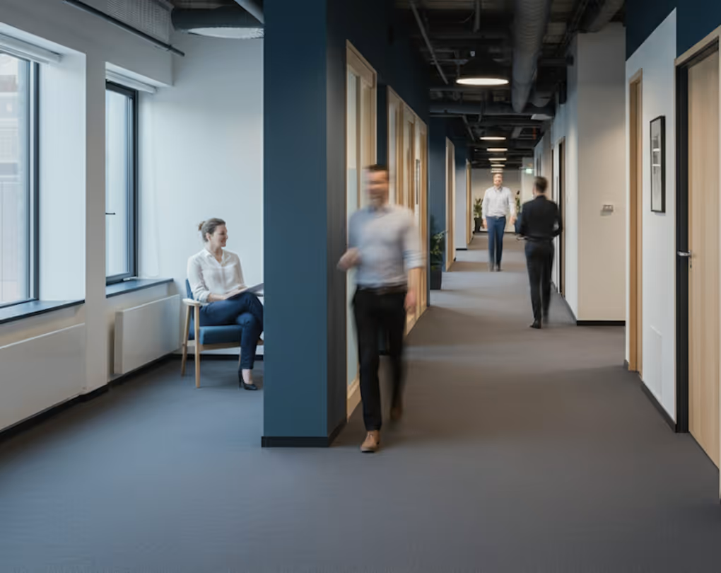 A quiet office corridor.